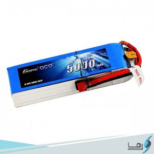تصویری از نمای رو به روی باتری لیتیوم پلیمر 3 سل Gens Ace 5000mAh 45C همراه سیم های کانکتور متصل به باتری به رنگهای قرمز و مشکی باتری به رنگ ابی