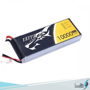 تصویری از نمای رو به روی باتری لیتیوم پلیمر 3 سل Tattu 10000mAh 25C همراه سیم های کانکتور متصل به باتری به رنگهای قرمز و مشکی