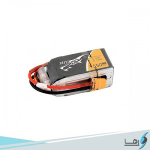 تصویری از نمای رو به روی باتری لیتیوم پلیمر 3 سل Gens Ace Tattu 1550mAh 45Cهمراه سیم های کانکتور متصل به باتری به رنگهای قرمز و مشکی
