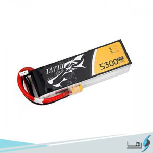 تصویری از نمای رو به روی باتری لیتیوم پلیمر 3 سل Gens Ace Tattu5300mAh 35C همراه سیم های کانکتور متصل به باتری به رنگهای قرمز و مشکی و لوگوی رها
