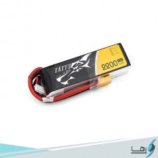 تصویری از نمای رو به روی باتری لیتیوم پلیمر 3 سل Tattu 2200mAh 25C همراه سیم های کانکتور متصل به باتری به رنگهای قرمز و مشکی و لوگوی رها