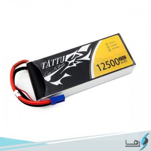 تصویری از نمای رو به روی باتری لیتیوم پلیمر 6 سل Tattu 12500 mAh 25cهمراه سیم های کانکتور متصل به باتری به رنگهای قرمز و مشکی