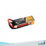 تصویری از نمای رو به روی باتری لیتیوم پلیمر 4 سل Tattu 2300mAh 45Cهمراه سیم های کانکتور متصل به باتری به رنگهای قرمز و مشکی