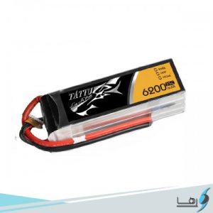 تصویری از نمای رو به روی باتری لیتیوم پلیمر 4 سل Gens Ace Tattu 6200mAh 35Cهمراه سیم های کانکتور متصل به باتری به رنگهای قرمز و مشکی
