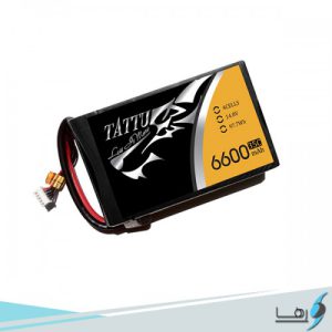 تصویری از نمای رو به روی باتری لیتیوم پلیمر 4 سل Gens Ace Tattu 6600mAh 35Cهمراه سیم های کانکتور متصل به باتری به رنگهای قرمز و مشکی