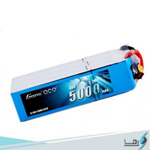 تصویری از نمای رو به روی باتری لیتیوم پلیمر 6 سل tattu 5000 mAh 45c همراه سیم های کانکتور متصل به باتری به رنگهای قرمز و مشکی باتری به رنگ ابی