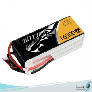 تصویری از نمای رو به روی باتری لیتیوم پلیمر 6 سل tattu 16000mAh 15cهمراه سیم های کانکتور متصل به باتری به رنگهای قرمز و مشکی