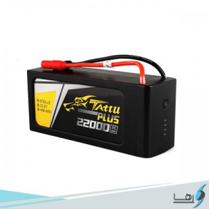 تصویری از باتری هوشمند لیتیوم پلیمر 6 سل Tattu Plus 22000mAh 25C باتری به رنگ مشکی و کانکتورهای ان به رنگ قرمز و مشکی و لوگوی رها