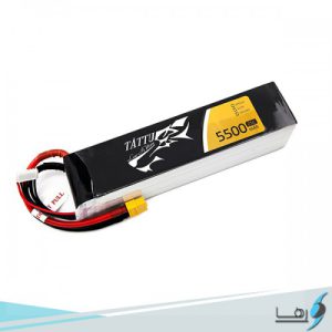 تصویری از نمای رو به روی باتری لیتیوم پلیمر 3 سل Tattu 2300mAh 45C همراه سیم های کانکتور متصل به باتری به رنگهای قرمز و مشکی