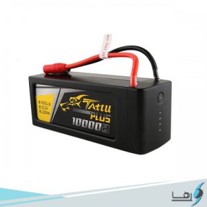 تصویری از باتری هوشمند لیتیوم پلیمر 6 سل Tattu plus 10000mAh 25C باتری به رنگ مشکی و کانکتورهای ان به رنگ قرمز و مشکی و لوگوی رها