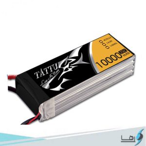تصویری از نمای رو به روی باتری لیتیوم پلیمر 4 سل Gens Ace Tattu 10000mAh 25C همراه سیم های کانکتور متصل به باتری به رنگهای قرمز و مشکی و لوگوی رها