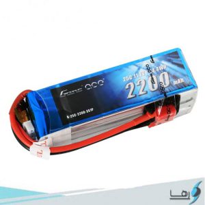 تصویری از نمای رو به روی باتری لیتیوم پلیمر 4 سل Gens Ace 2200mAh 25C همراه سیم های کانکتور متصل به باتری به رنگهای قرمز و مشکی باتری به رنگ ابی