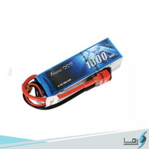 تصویری از نمای رو به روی باتری لیتیوم پلیمر 3 سل Gens Ace 1800mAh 25C همراه سیم های کانکتور متصل به باتری به رنگهای قرمز و مشکی رنگ باتری ابی