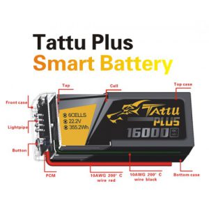 تصویری از نمای بالای باتری هوشمند لیتیوم پلیمر 6 سل Tattu plus 10000mAh 25Cکه در ان هر بهش باتری توضیح داده شده