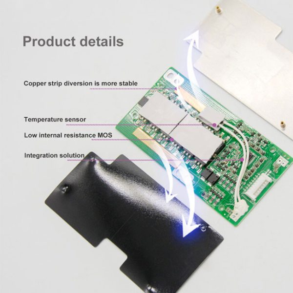 تصویری از اجزای برد محافظ باتری لیتیوم یونی 7 سل 60 آمپر باز شده همراه با معرفی بخش ها